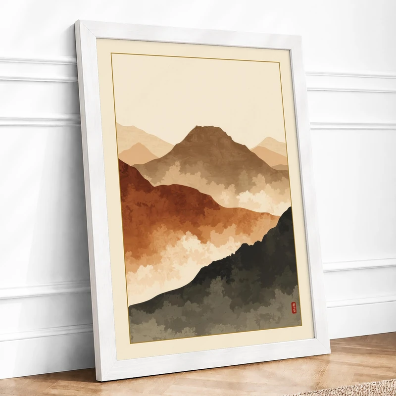 Mountains in Mist Japandi Framed Wall Art Print A1 (84.1×59.4cm) White, Wall Decor for Living Room, Bedroom, Office & Home, Ready to Hang, Art Gift - Image 1