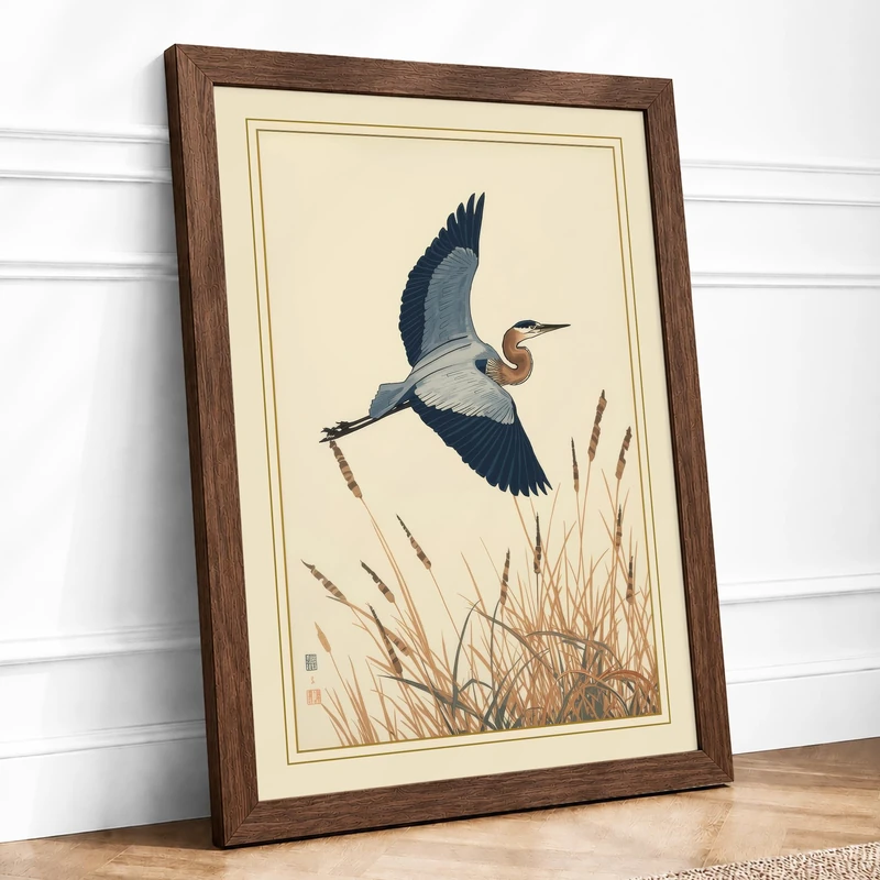 Heron in Flight Botanical Framed Wall Art Print A1 (84.1×59.4cm) Walnut, Wall Decor for Living Room, Bedroom, Office & Home, Ready to Hang, Art Gift - Image 1