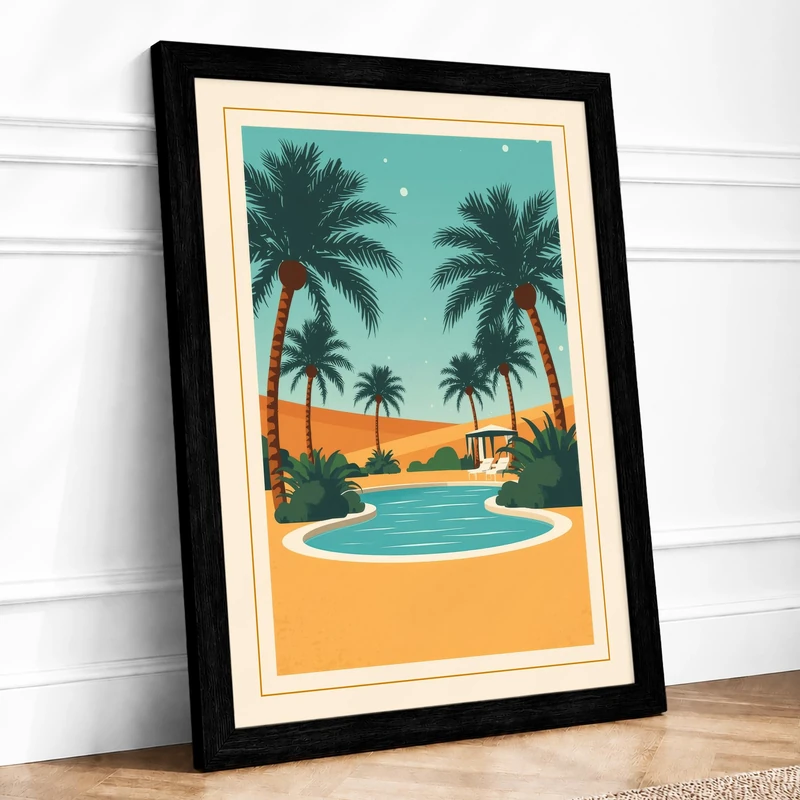 Tropical Poolside Paradise Retro Framed Wall Art Print A1 (84.1×59.4cm) Black, Wall Decor for Living Room, Bedroom, Office & Home, Ready to Hang, Art Gift - Image 1