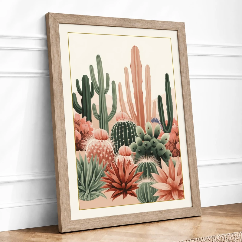 Desert Garden Bloom Botanical Framed Wall Art Print A1 (84.1×59.4cm) Oak, Wall Decor for Living Room, Bedroom, Office & Home, Ready to Hang, Art Gift