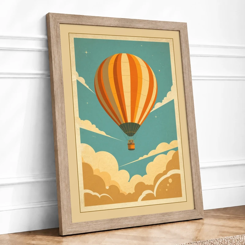 Balloon Adrift in Sky Vintage Framed Wall Art Print A1 (84.1×59.4cm) Oak, Wall Decor for Living Room, Bedroom, Office & Home, Ready to Hang, Art Gift