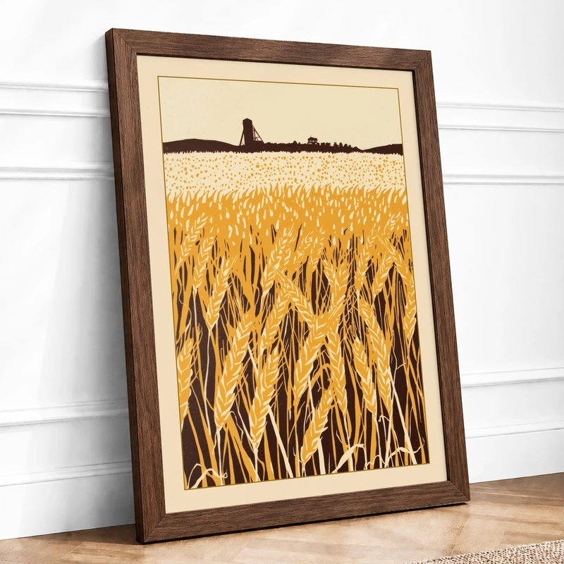 Golden Fields at Dusk Rustic Framed Wall Art Print A1 (84.1×59.4cm) Walnut, Wall Decor for Living Room, Bedroom, Office & Home, Ready to Hang, Art Gift