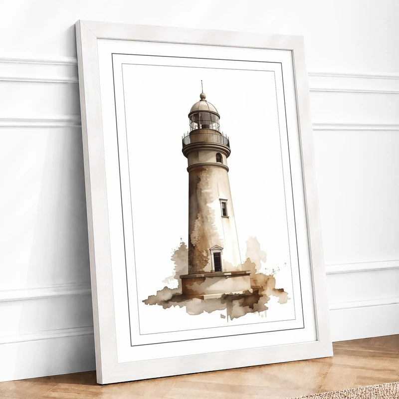 Solitary Lighthouse Coastal Framed Wall Art Print A1 (84.1×59.4cm) White, Wall Decor for Living Room, Bedroom, Office & Home, Ready to Hang, Art Gift
