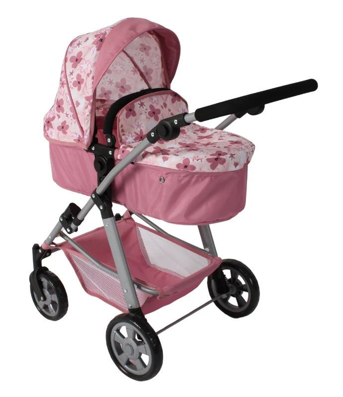 Bayer Chic 2000 - Nele Doll's Pram, 2-in-1 Combination Doll Pram for Children from 3 to 8 Years, Doll Pram with Convertible Baby Carrycot, Pram for Dolls up to 50 cm Size, Flowers Pink