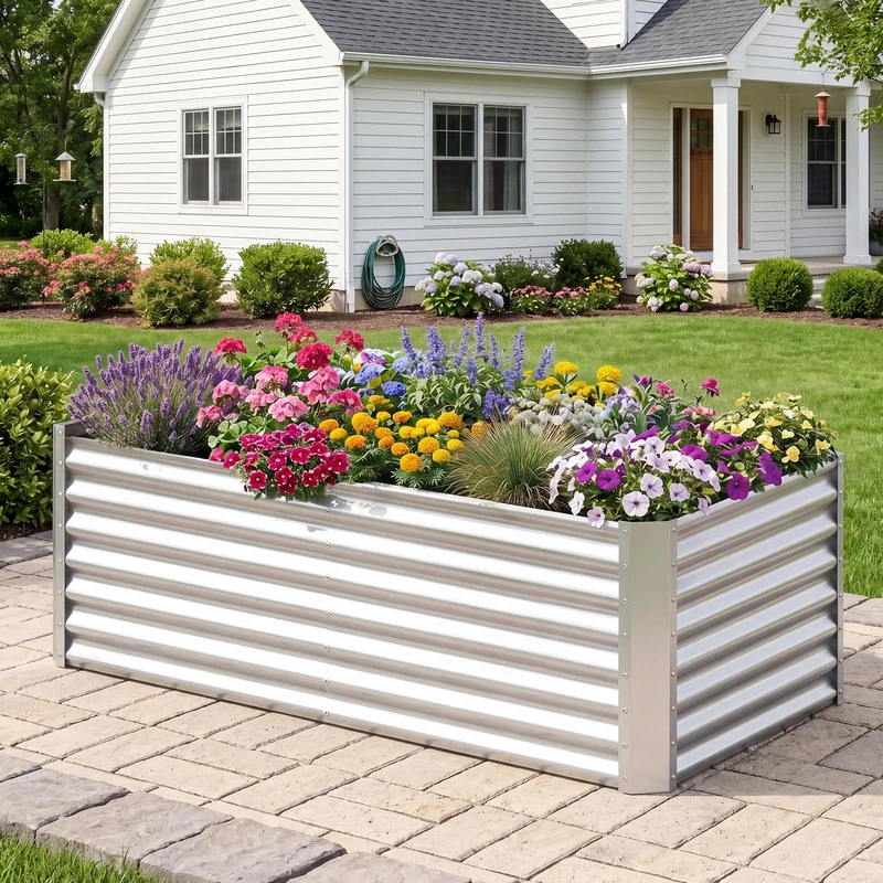 FANTASK Weatherproof Plant Bed, Raised Bed Metal with Open Base, Rectangular Planter Made of Galvanised Sheet Metal, Vegetable Bed for Patio, Garden, for Vegetables, Flowers, Fruit (181.5 x 94 x 60.5