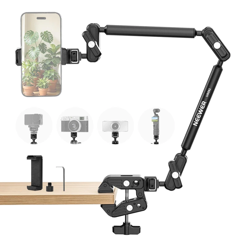 NEEWER BASICS 55cm Desk Magic Arm Stand with Super Clamp, Phone Holder & 1/4" to 3/8" Adapter, Microphone Boom Arm Overhead Mount Photography Accessories for Mic Action Camera Webcam LED Light, UA061