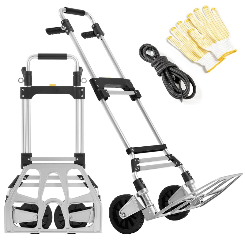 Yaheetech Heavy Duty Aluminium Hand Trolley, Folding Sack Truck with Adjustable Handle Height & Bungee Cord & Gloves for Moving Gardening, Groceries, Office, Warehouse, with 150 kg Capacity, Silver