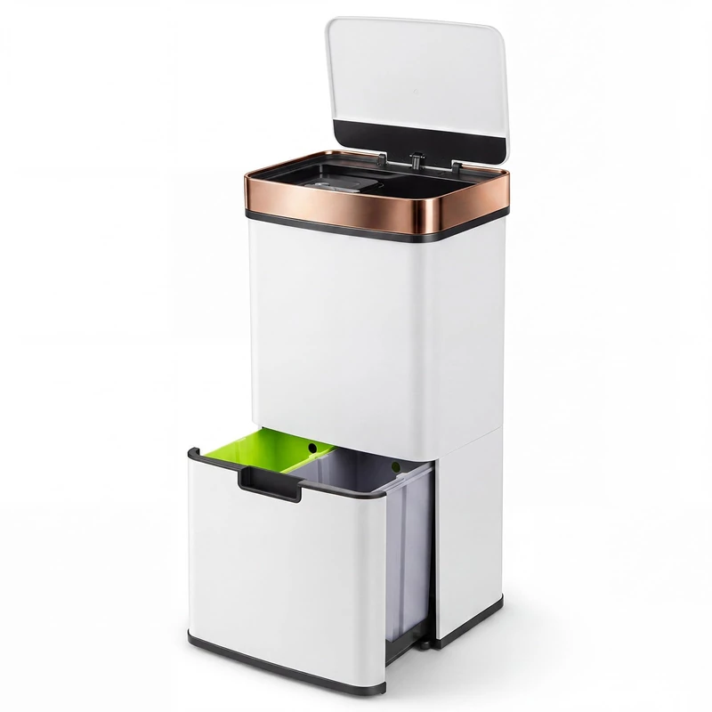 FANTASK 72L Electric Rubbish Bin, 4 Compartments, Waste Separation Systems with Sensor, 2 x 11 L + 3.5 L + 46.5 L, Electric Waste Bin, Soft Close, Kitchen Waste Bin for Kitchen, Office (White)