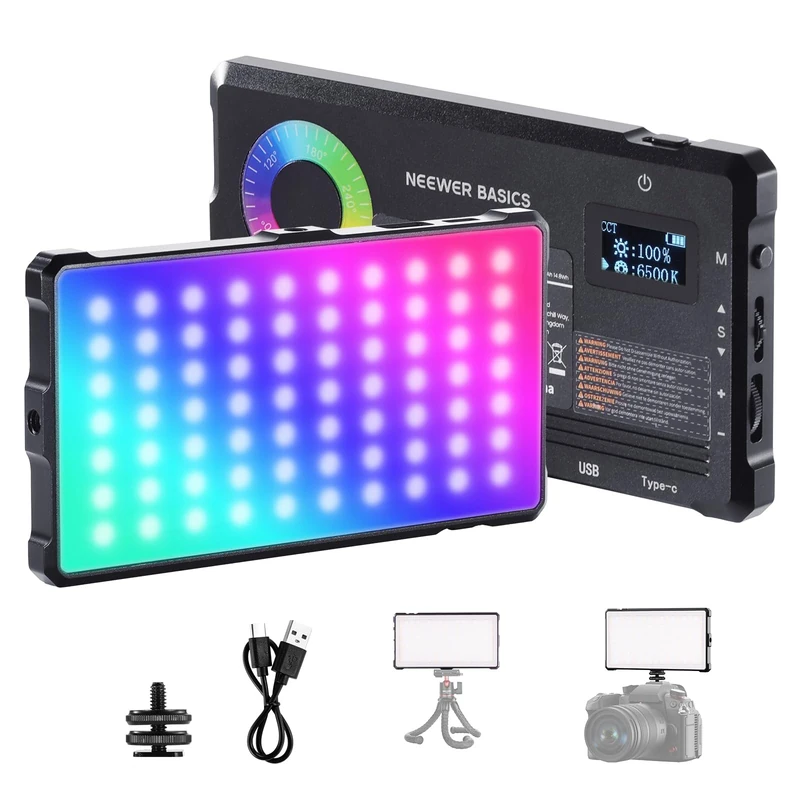 NEEWER Basics RGB Video Light, 9W 2700K-7500K Portable Full RGB Colors 17 Scenes CRI97, 4000mAh Rechargeable Metal Small LED Camera Panel Lighting for DSLR Tripod Streaming Video Recording, SL90C