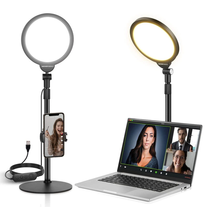 NEEWER BASICS 7" Desktop LED Ring Light with App Control, 10W USB Full Screen Video Conference Lighting, Desk Stand Phone Holder Compatible with iPhone for Selfie Makeup Recording Streaming, R06S