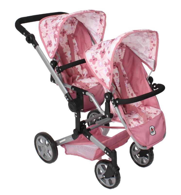Bayer Chic 2000® Linus Duo Dolls Pram Flowers Pink Foldable Twin Doll Pram Adjustable Handle 50-82 cm Dolls up to 50 cm 4-8 Years