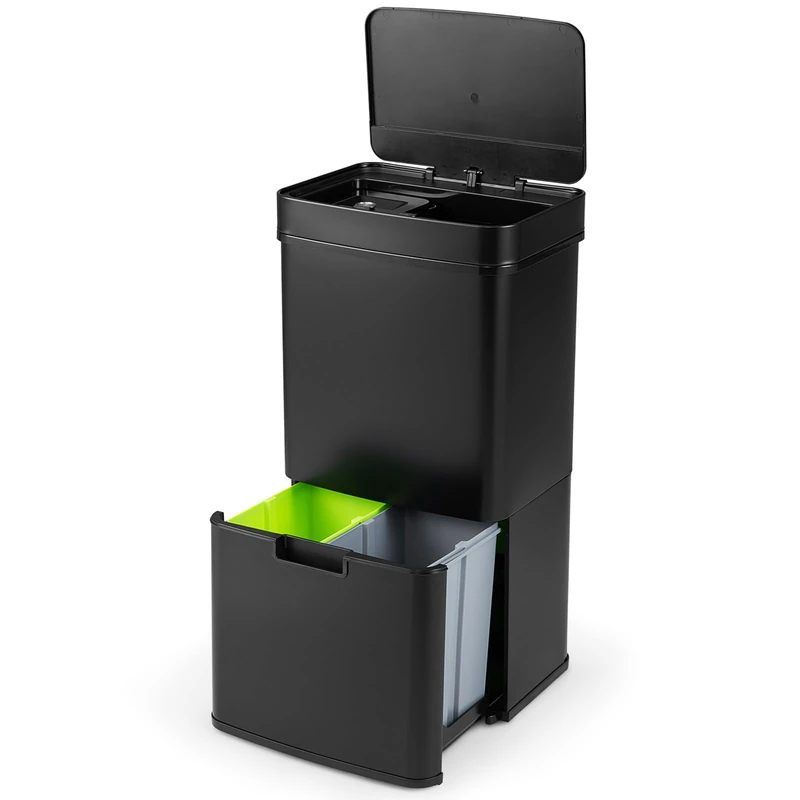 FANTASK 72L Electric Rubbish Bin, 4 Compartments, Waste Separation Systems with Sensor, 2 x 11 L + 3.5 L + 46.5 L, Electric Waste Bin, Soft Close, Kitchen Waste Bin for Kitchen, Office (Black)