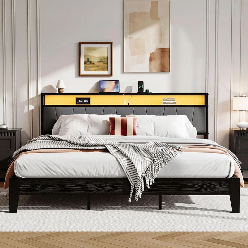 IRONCK Super King Bed Frame with LED Lights and Charging Station, 2 AC Outlets, 1 USB‑A, 1 USB‑C Port, 180x200 cm Stable Metal Bed Frame with Storage Shelf Upholstered Headboard, Easy Assembly, Black - Image 1