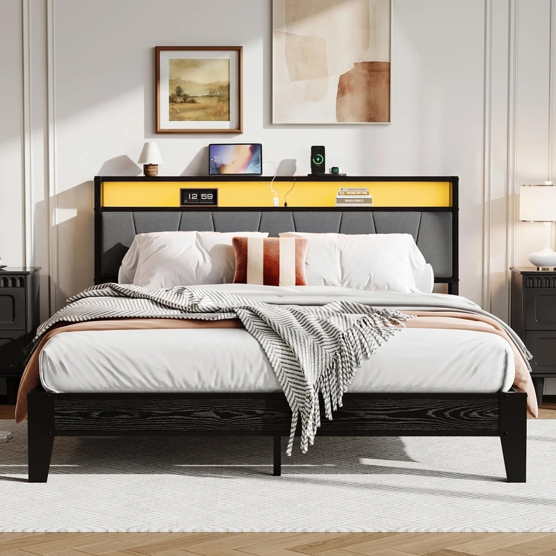 IRONCK King Size Bed Frame with LED Lights and Charging Station, 2 AC Outlets, 1 USB‑A, 1 USB‑C Port, 150x200 cm Stable Metal Bed Frame with Storage Shelf Upholstered Headboard, Easy Assembly, Black - Image 1