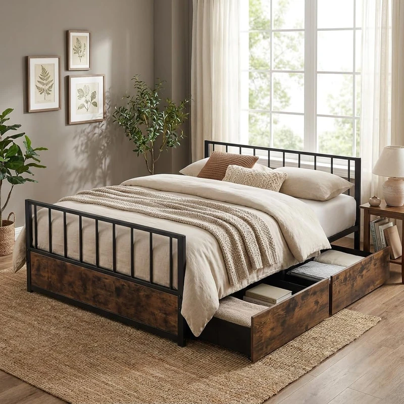 RELAX4LIFE Double Bed Frame with 2 Storage Drawers, Metal Slats Support Bedstead with Headboard & Footboard, Modern Style Solid Slatted Base for Teenagers Adults, No Box Spring Needed