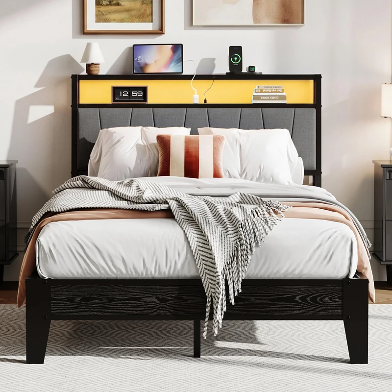 IRONCK Small Double Bed Frame with LED Lights and Charging Station, 2 AC Outlets, 1 USB‑A, 1 USB‑C Port, 120x190 cm Stable Metal Bed Frame with Storage Shelf Upholstered Headboard, Black - Image 1