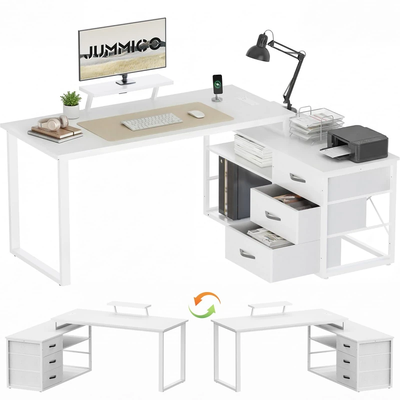JUMMICO Corner Desk with 3 Drawers and Monitor Stand White