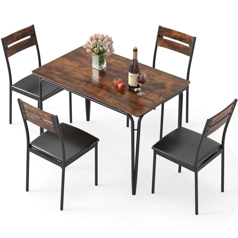 GiantexUK 5-Piece Dining Table Set for 4, Rectangular Kitchen Table with 4 Armless Upholstered Chairs, Space-Saving Dining Room Furniture with Metal Frame for Home Apartment Restaurant