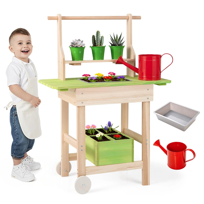 GYMAX Kids Mud Kitchen, Wooden Toy Kitchen with Removable Sink, Pots, Watering Can, Shelf, Storage Box and Wheels, Outdoor Children Potting Bench Table for 3 Years Old+