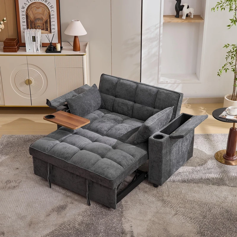 Ball & Cast 2 Seater Pull Out Sofa Bed, Double Recliner Sofa with Cup Holder and Hidden Table, Daybed with USB&Type-C, 3-Gear Back Angle Adjustable, Suitable for Apartment, Living Room, Bedroom, Grey