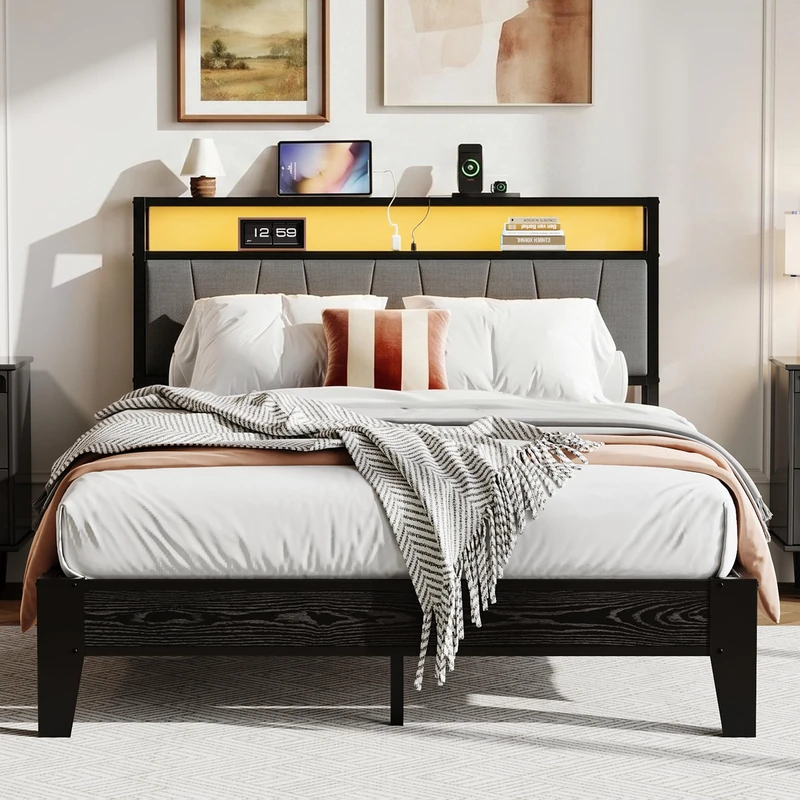 IRONCK Double Bed Frame with LED Lights and Charging Station, 2 AC Outlets, 1 USB‑A, 1 USB‑C Port, 135x190 cm Stable Metal Bed Frame with Storage Shelf Upholstered Headboard, Underbed Storage, Black - Image 1