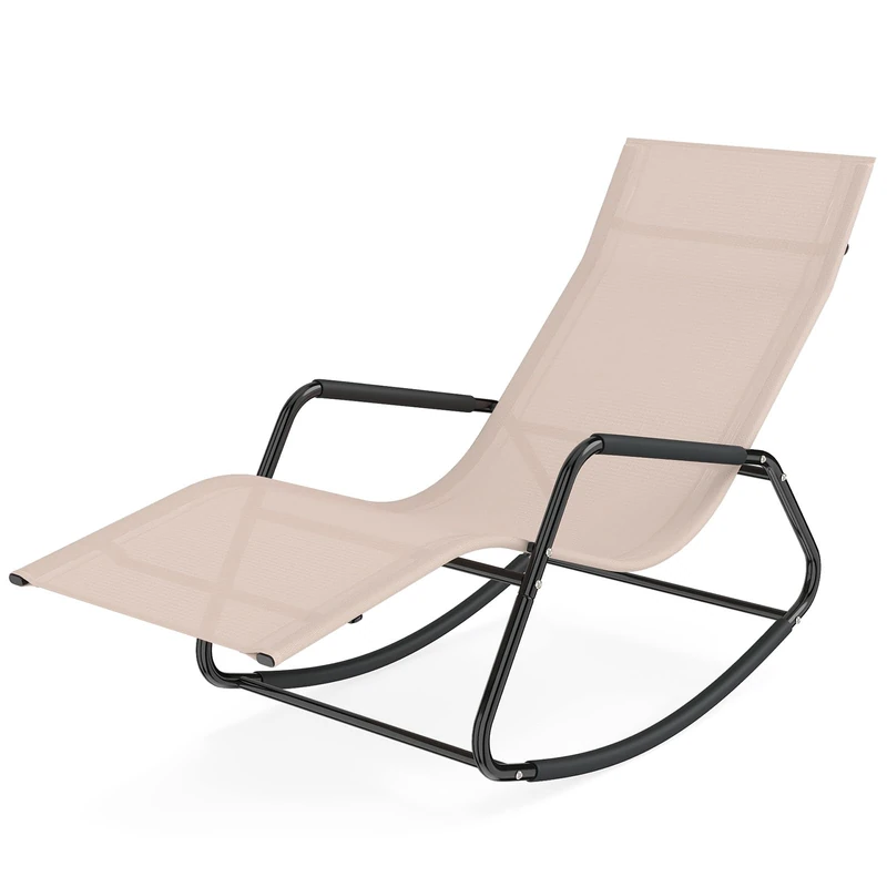 RELAX4LIFE Garden Sun Lounger, Outdoor Rocking Deck Chair with Curved Armrests & Rocking Function, Heavy Duty Metal Frame Reclining Furniture for Backyard Porch Balcony Camping (Beige)