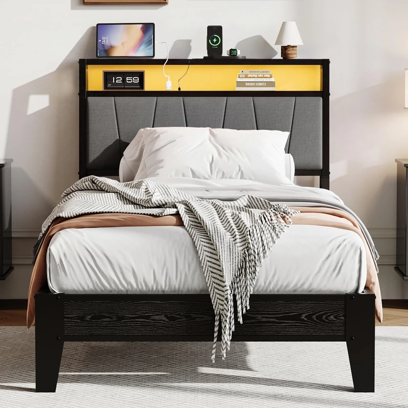 IRONCK Single Bed Frame with LED Lights and Charging Station (2 AC Outlets, 1 USB‑A, 1 Type‑C Port), 90x190 cm Stable Metal Bed Frame with Storage Shelf Upholstered Headboard, Easy Assembly, Black - Image 1