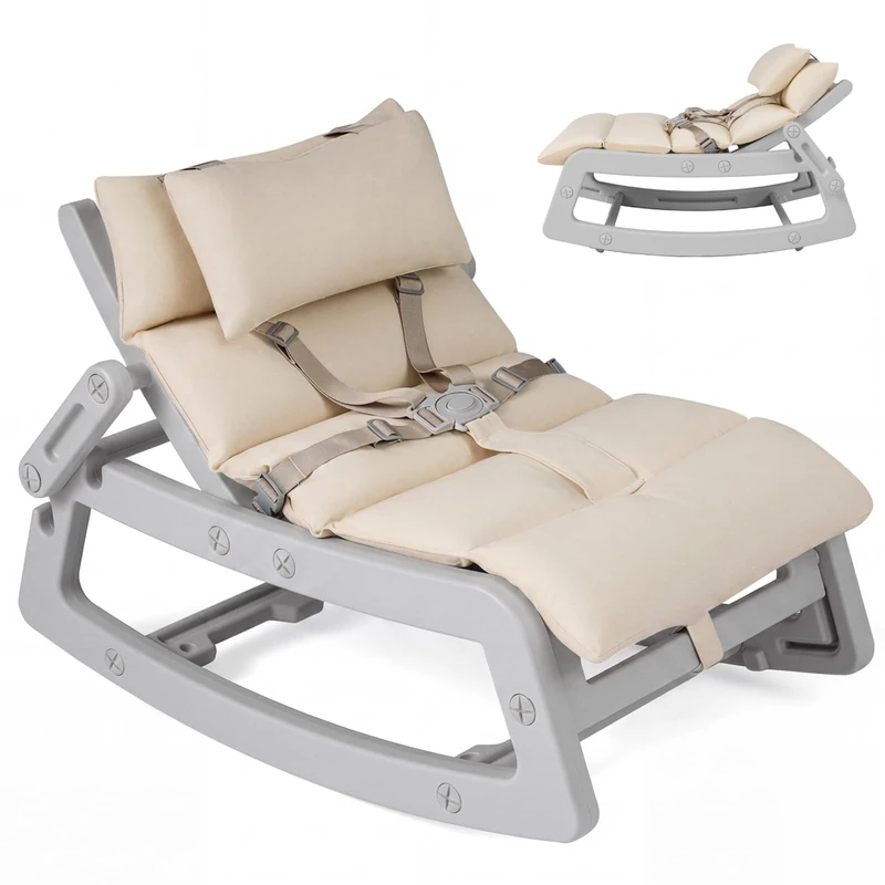 GYMAX Kids Rocking Chair, Children Recliner with Adjustable Backrest, Safety Harness and Removable Washable Cushion, Outdoor Indoor Toddler Chair for 6+ Months Old Boys Girls (Grey+Beige)