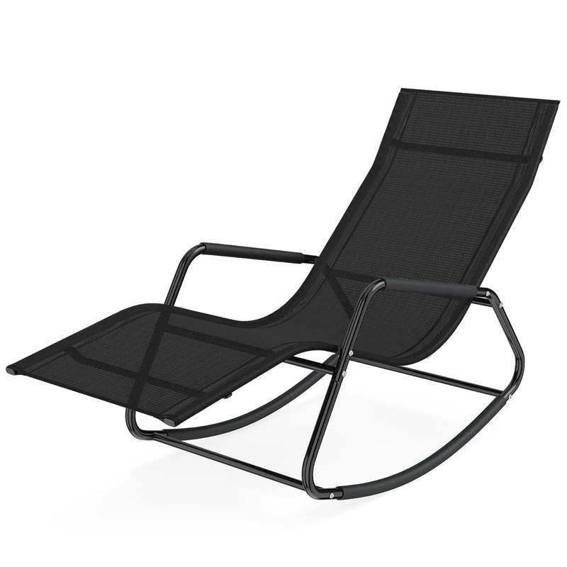 RELAX4LIFE Garden Sun Lounger, Outdoor Rocking Deck Chair with Curved Armrests & Rocking Function, Heavy Duty Metal Frame Reclining Furniture for Backyard Porch Balcony Camping (Black)