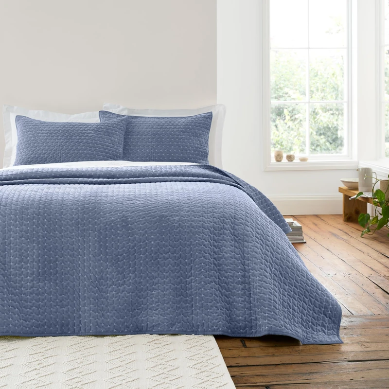 Bianca Attica Velvet Embroidered 240x260cm Bedspread Blue - Image 1