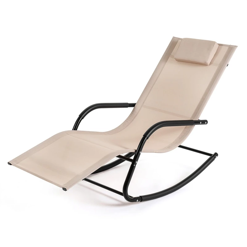 RELAX4LIFE Outdoor Rocking Chair, Garden Sun Lounger with Detachable Headrest, Curved Armrests & Rocking Function, Heavy Duty Metal Frame Reclining Furniture for Backyard Porch Balcony Camping (Beige)