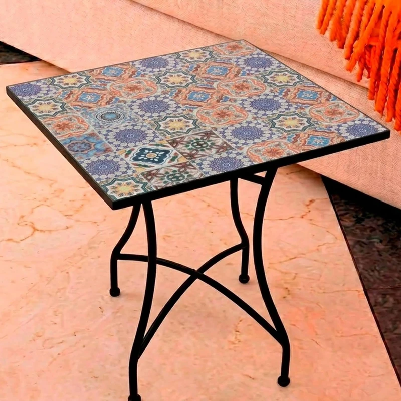 Round Mosaic Patio Side Table - Garden and Terrace Coffee Table with Anti-Rust Wrought Iron Legs, Decorative Small Table for Outdoor and Indoor, 58x58x72, Vito Model