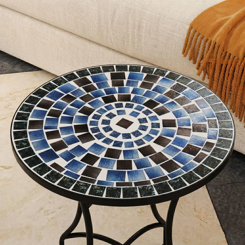 Round Mosaic Patio Side Table - Coffee Table for Garden and Terrace with Anti-Rust Wrought Iron Legs, Decorative Small Table for Outdoor and Indoor, Ø60x71, Model Kölner