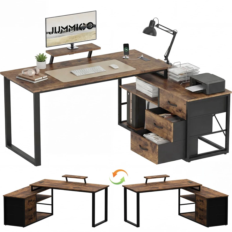 JUMMICO L-Shaped Desk with 3 Drawers, 140 x 100 x 75 cm, Corner Desk with Shelves, Reversible L-Shape Design with 2 USB Charging Ports & 2 Power Outlets, Home Office Desk, Brown