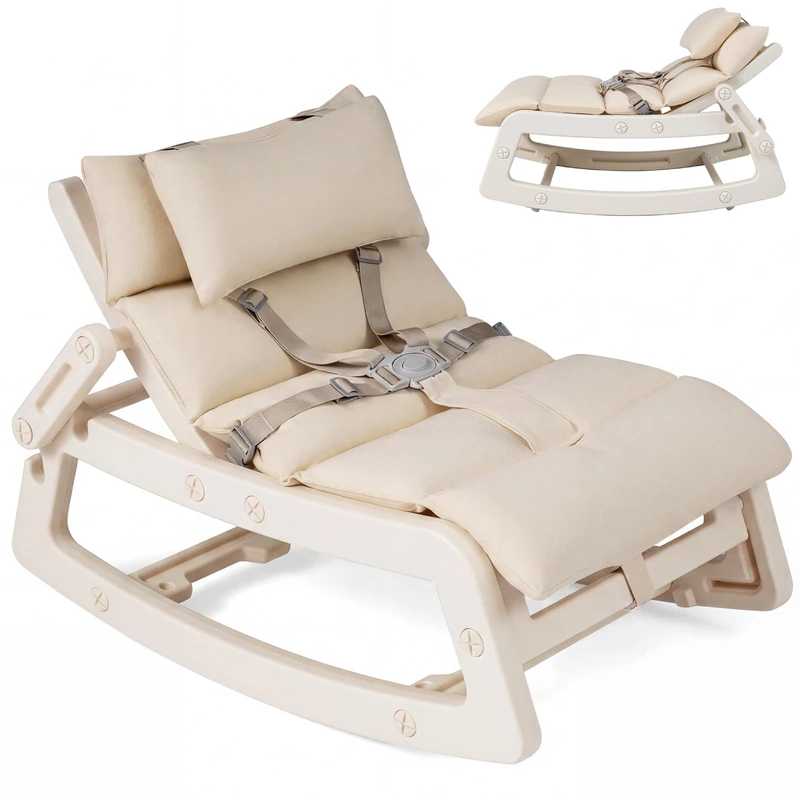 GYMAX Kids Rocking Chair, Children Recliner with Adjustable Backrest, Safety Harness and Removable Washable Cushion, Outdoor Indoor Toddler Chair for 6+ Months Old Boys Girls (Beige)