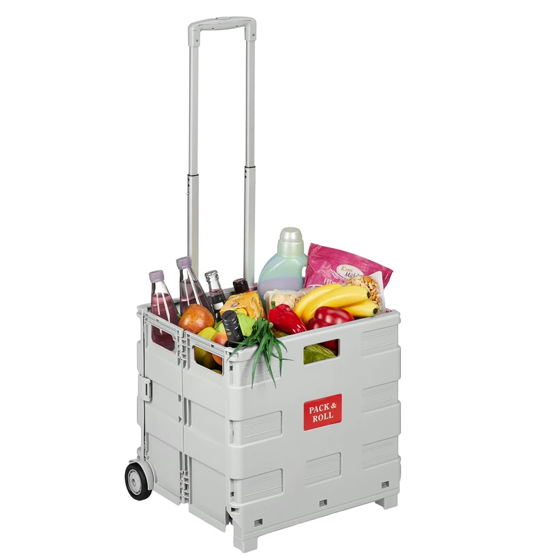 Relaxdays foldable shopping trolley with wheels, light grey