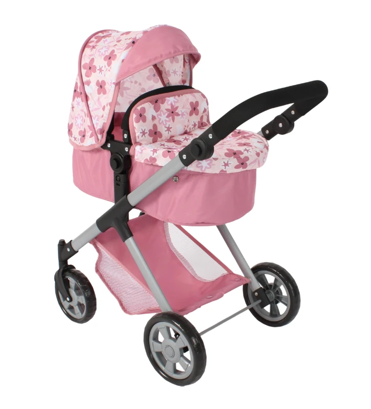 Bayer Chic 2000® 2-in-1 Mila Doll's Pram - Flowers Pink - Height Adjustable Handle 39-72 cm - Modern Frame - Dolls up to 50 cm - 3-7 Years