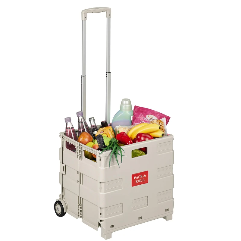 Relaxdays shopping trolley, foldable with wheels, telescopic handle, beige