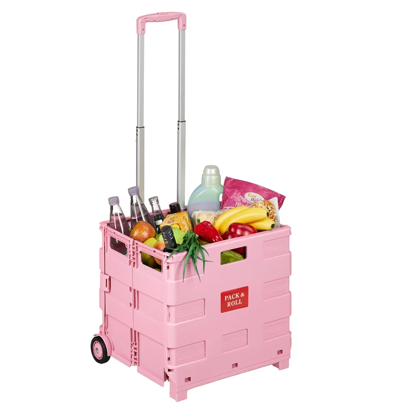 Relaxdays shopping trolley, foldable, with wheels, telescopic handle, pink