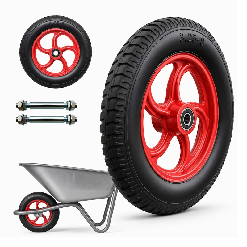 Relaxdays Handcart Wheels, Set of 2, 3.25-8, Solid Rubber, Black/Red