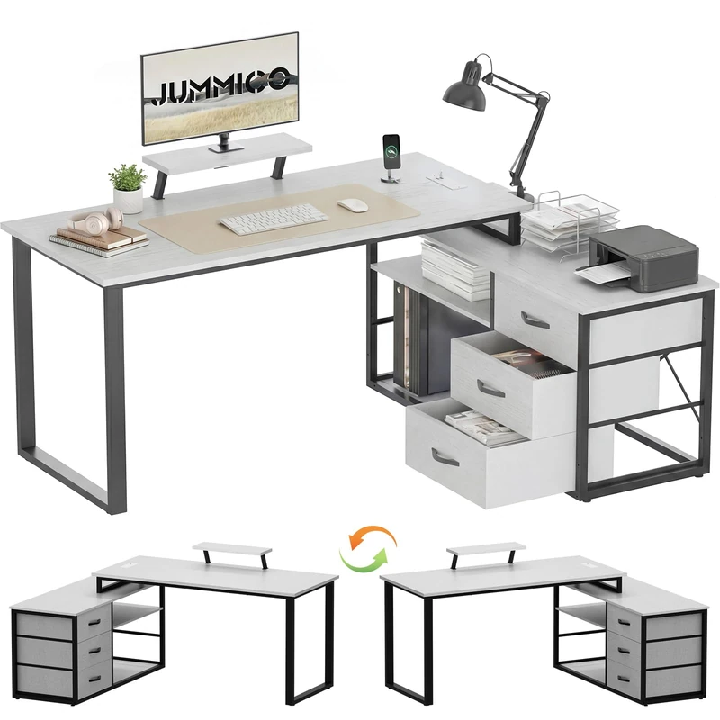JUMMICO L-Shaped Desk with 3 Drawers, 140 x 100 x 75 cm, Corner Desk with Shelves, Reversible L-Shape Design with 2 USB Charging Ports & 2 Power Outlets, Home Office Desk, Gray