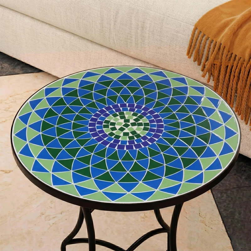 Round Mosaic Patio Side Table - Coffee Table for Garden and Terrace with Anti-Rust Wrought Iron Legs, Decorative Small Table for Outdoor and Indoor, Ø60x71, Basil Model