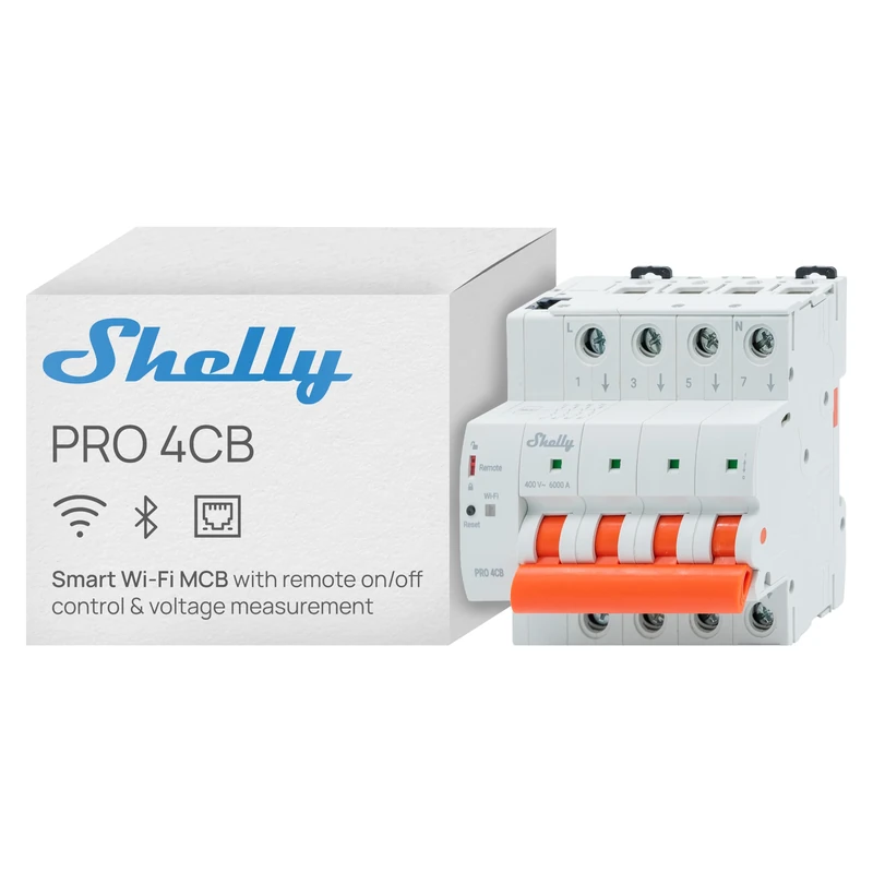Shelly Pro 4CB C32A - Smart 4-Pole Miniature Circuit Breaker MCB with Wi-Fi Bluetooth and Ethernet, Overvoltage Undervoltage Protection, 32A Type C 6kA, DIN Rail, Alexa Google Home SmartThings