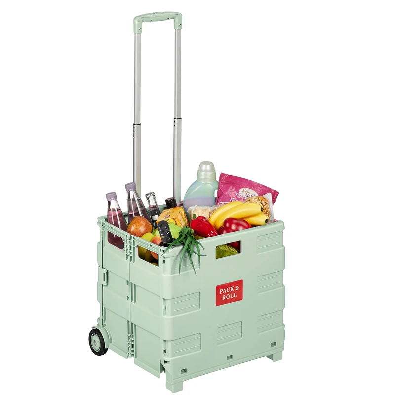 Relaxdays foldable shopping trolley with wheels, telescopic handle, sage