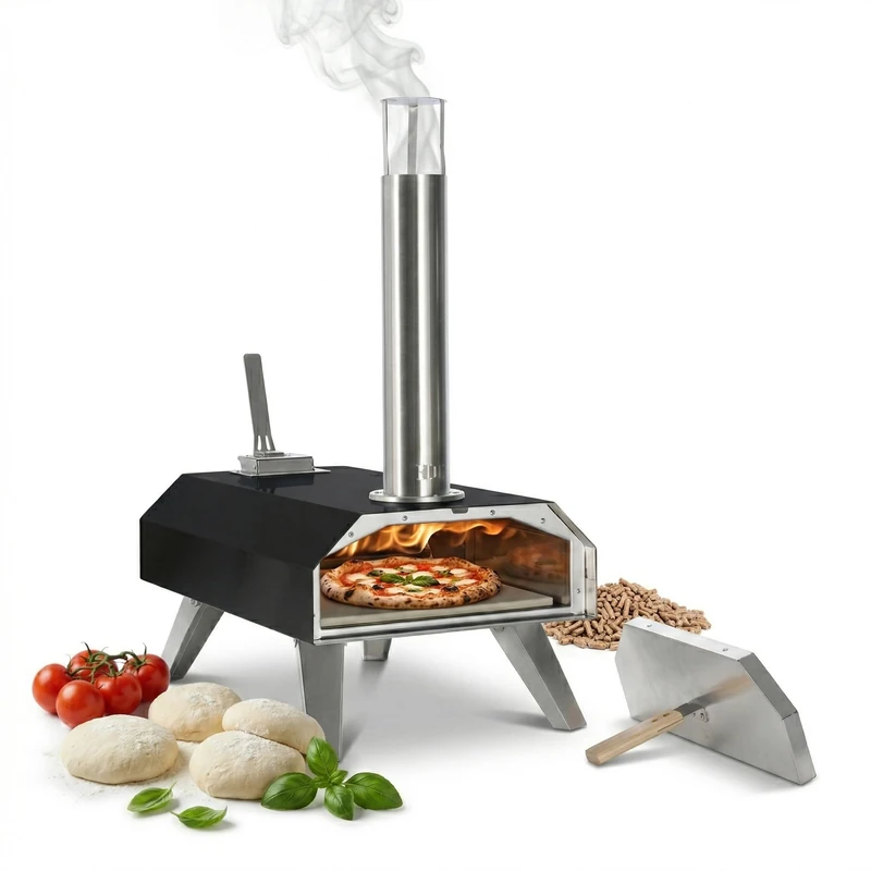 Relaxdays Pellet Tabletop Pizza Oven, 400°C in 90s, H x W x D 72x36x68 cm, incl. pizza stone, outdoor, steel, black