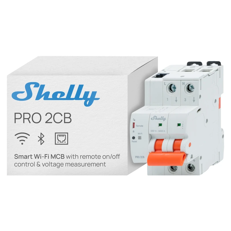Shelly Pro 2CB C32A - Smart 2-Pole Miniature Circuit Breaker MCB with Wi-Fi Bluetooth and Ethernet, Overvoltage Undervoltage Protection, 32A Type C 6kA, DIN Rail, Alexa Google Home SmartThings