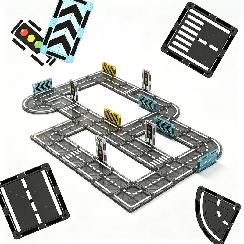 Relaxdays Magnetic Building Blocks Road Set, 70 pc, traffic signs, educational toy for 3+, magnetic city set, ABS, black