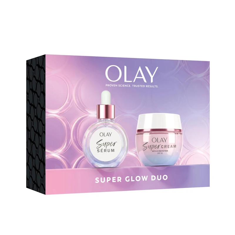 Olay Super Serum & Super Cream Face Day Moisturiser with SPF30 Gift Set; Super Glow Duo, 5 Skin Benefits in 1, with Vitamin C, Niacinamide, Collagen Peptide, Brightening Skincare for a Youthful Glow