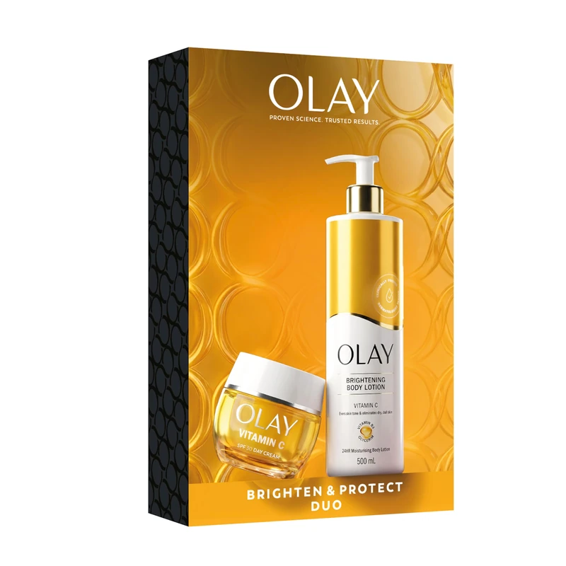 Olay Vitamin C Face SPF30 Day Cream Moisturiser & Body Lotion Gift Set; Brighten & Protect Duo, Evens Skin Tone, with Vitamin C, Glycerin, Smooth, Moisturised, Anti-Dark Spot Skincare for Women