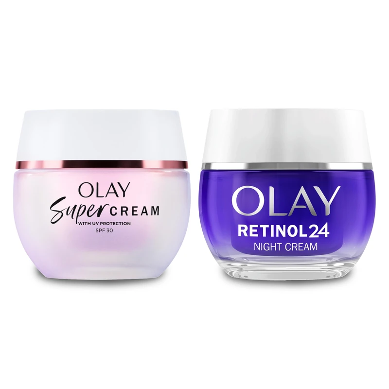 Olay Super Cream SPF30 Day Cream 50ml + Olay Retinol 24 Night Cream 50ml Duo In Refillable Jars. Ultra Lightweight Hydration and Anti Ageing Skincare
